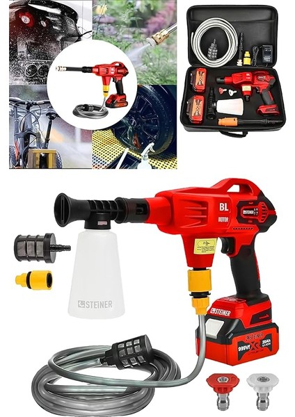 Alman 999 Vf 20 Ah 100 Bar Kömürsüz Şarjlı Oto Yıkama Makinesi Çift Akülü Bahçe Yıkama Makinası Kırmızı fiyatları