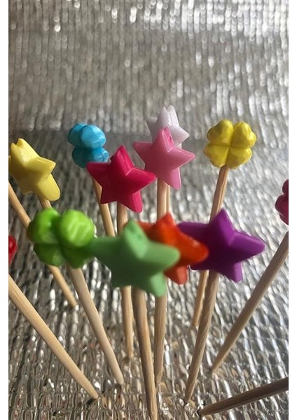 50 Adet Renkli Yıldız ve Yonca Figürlü Pasta Kurabiye Kanepe Sunumluk Kürdan 50 Kürdan