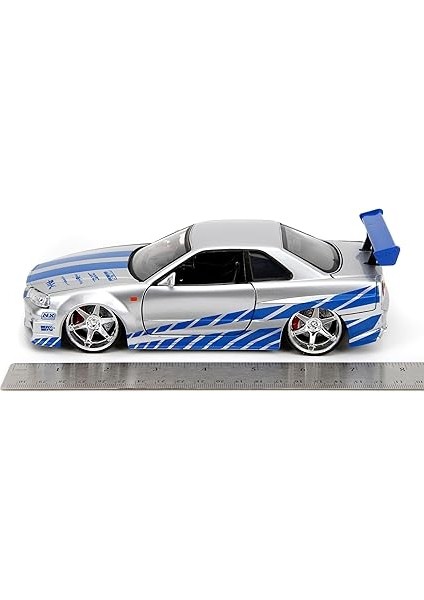 Toys Fast & Furious Brian S 2002 Nissan Skyline R34 Die-Cast Car, 1:24 Scale, Silver & Blue modelleri