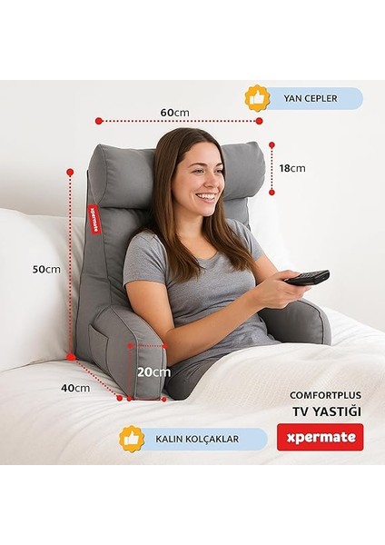 Comfortplus Tv Yastık, Kollu Yastık, Ayarlanabilir Sırt Destek Yastık, Boyun Desteği, Tv Yastık ve Üçgen Yastık, Fermuarlı Sırt Yastık, Bel Yastık (Gri) modelleri