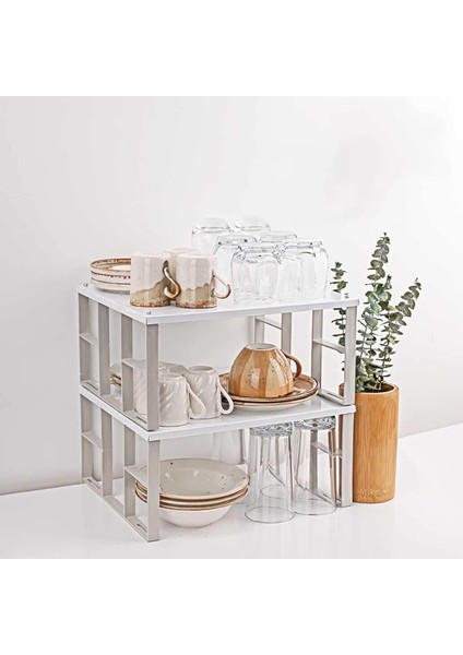 Home 2'li Raf Düzenleyici Seti: Dolap Içi Düzenleyici, Tabak ve Bardak Rafı Tabak Düzenleyici Dolap Rafı Portatif Organizer