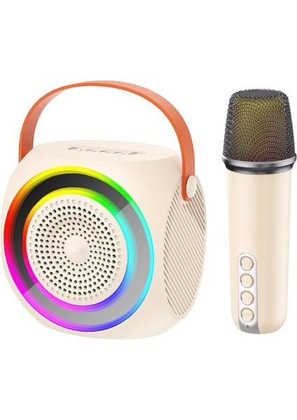 Simple Is Beauty Kablosuz Bluetooth Hoparlör ve Karaoke Mikrofon F42 – 10W Güç, Rgb Işıklı, Tf Kart & USB Destekli, Taşınabilir Ses Sistemi-(11,2 * 7,8 * 11,3cm)-Bej