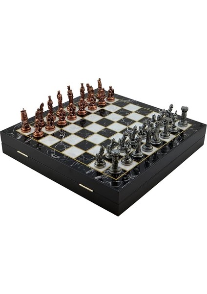Orta Boy Metal Truva-Sparta Satranç Takımı Antik ve Mermer Desenli Sandıklı Mdf Tahtası (36X36X6 Cm.)