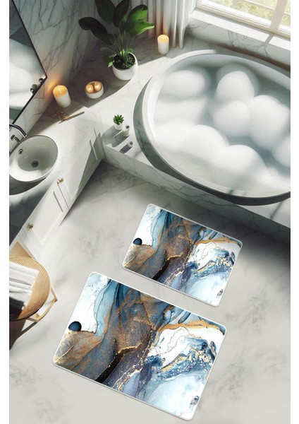 Yıkanabilir Kaymaz Tabanlı Modern Desenli 2'li Banyo Paspas Takımı BPS0016