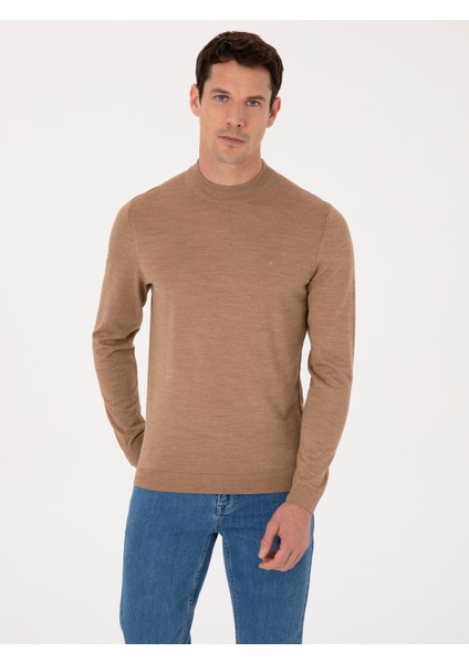 Erkek Camel Slim Fit Yün Karışımlı Çeyrek Balıkçı Yaka Basic Triko Kazak 50318891-VR015