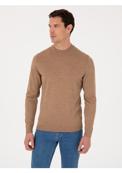 Erkek Camel Slim Fit Yün Karışımlı Çeyrek Balıkçı Yaka Basic Triko Kazak 50318891-VR015