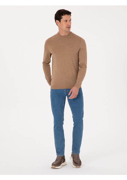 Erkek Camel Slim Fit Yün Karışımlı Çeyrek Balıkçı Yaka Basic Triko Kazak 50318891-VR015