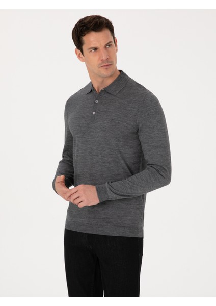 Erkek Füme Regular Fit Yün Karışımlı Polo Yaka Basic Triko Kazak 50318855-VR058