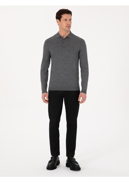 Erkek Füme Regular Fit Yün Karışımlı Polo Yaka Basic Triko Kazak 50318855-VR058