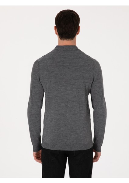 Erkek Füme Regular Fit Yün Karışımlı Polo Yaka Basic Triko Kazak 50318855-VR058