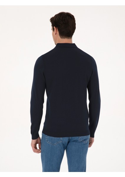 Erkek Lacivert Regular Fit Yün Karışımlı Polo Yaka Basic Triko Kazak 50318855-VR033