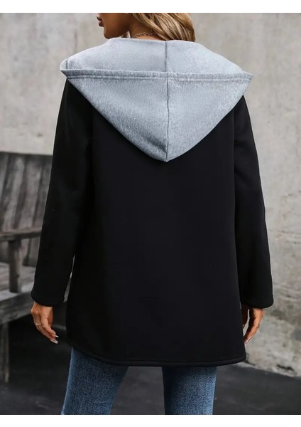 Kadın Uzun Kollu Kapşonlu Çift Renkli Şardonlu Iki Iplik Ceket modelleri