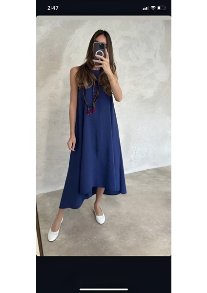 Asimetrik Lacivert Modal Kumaş Kalın Askılı Midi Boy Giy Çık Elbise modelleri