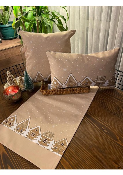 H1245 Bej Kurabiye Evler Kırlent Runner 3lü Kombin Set