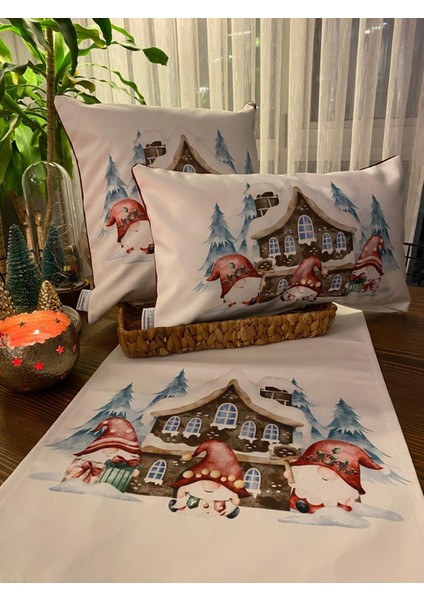 H1253 3lü Gnom Kurabiye Evler Kırlent Runner 3lü Kombin Set