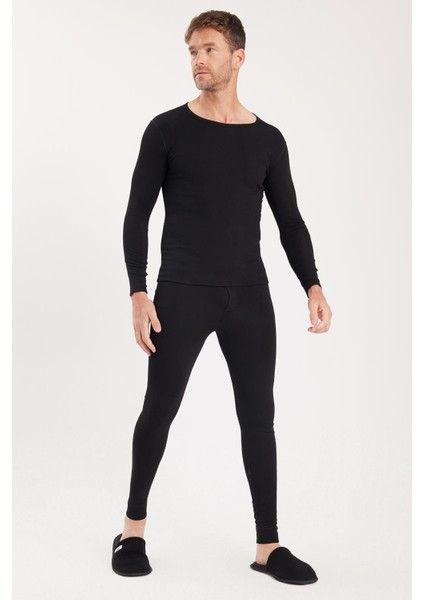 Erkek Slim Fit Dar Kesim Bisiklet Yaka Siyah Termal Alt Üst Takım