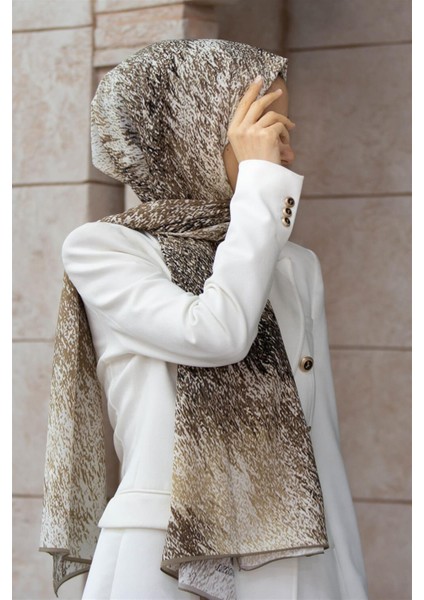 Lüks Medine Ipeği Zikzak Geometrik Desenli Taş Renkli 75X195 Kırışmaz Şal Moss Krep Dikiş Tipi Italyan Dikişli