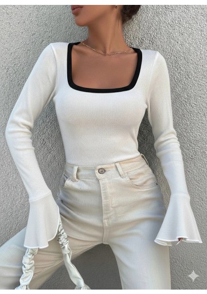 Kare Yaka Garni Detay Ispanyol Kol Bluz Beyaz