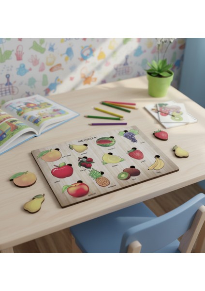 Eğitici ve Eğlenceli Ahşap Meyve Temalı Bul Tak Puzzle
