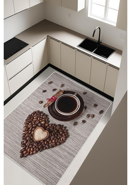 Kahve Fincanı Desenli Dijital Baskı Kaymaz Taban Mutfak Halısı H0057