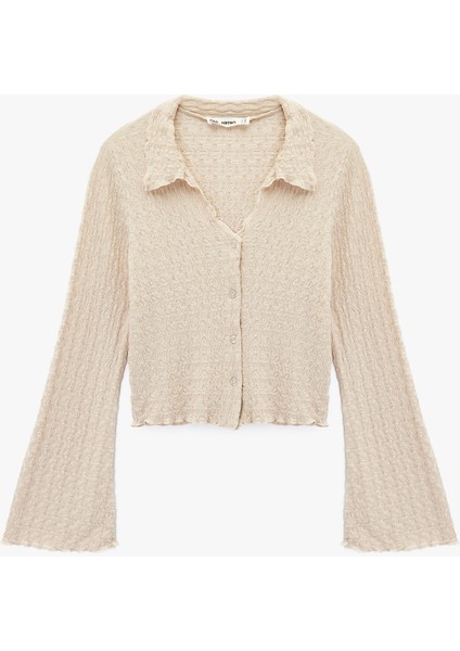 Slim Fit Uzun Kollu Düğmeli Dokulu Klasik Yaka Bluz