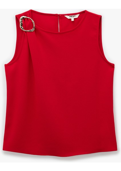 Bisiklet Yaka Metal Aksesuarlı Kolsuz Bluz