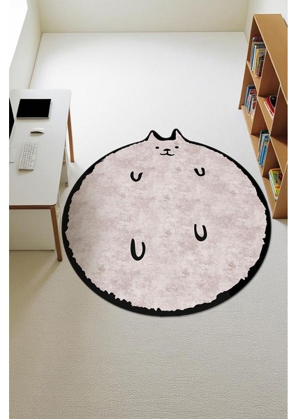 Kedi Desenli Yuvarlak Dijital Baskı Kaymaz Tabanlı Halı H0396