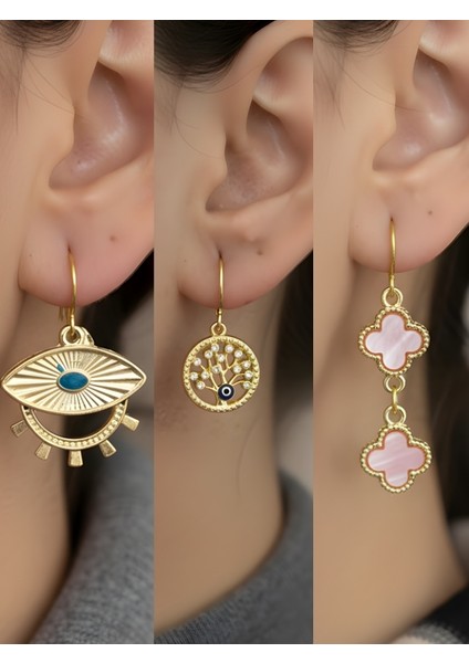 Pembe Yonca Göz Hayat Ağacı Sembol Figürlü 3’lü Kadın Küpe Set