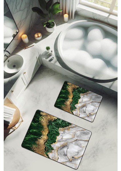 Yıkanabilir Kaymaz Tabanlı Modern Desenli 2'li Banyo Paspas Takımı BPS0029