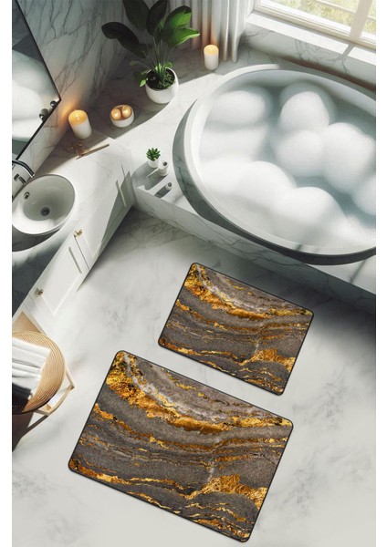 Yıkanabilir Kaymaz Tabanlı Modern Desenli 2'li Banyo Paspas Takımı BPS0036