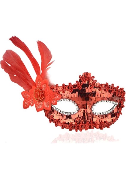 Bfs Kırmızı Payetli Pullu Kırmızı Renk Yandan Tüylü Parti Maskesi 18X22 cm fiyatları