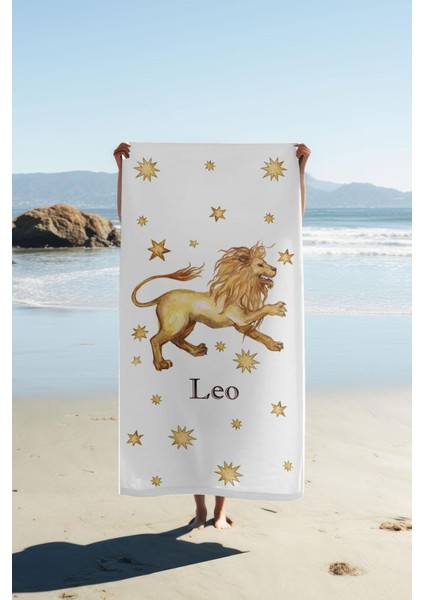 Dijital Baskı Plaj Deniz Havlusu Aslan Burcu Desenli Peştamal HVL0035