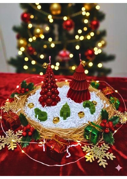 Noel Yılbaşı Temalı El Işi Mum Seti – Kırmızı Ağaç Figürlü Tasarım 2'li Ağaç Motifli fiyatları