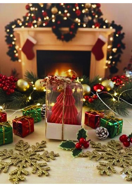 Noel Yılbaşı Temalı El Işi Mum Seti – Kırmızı Ağaç Figürlü Tasarım 2'li Ağaç Motifli indirimleri