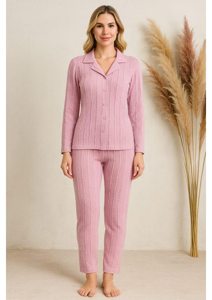 Kadın 0269 Önü Düğmeli Uzun Kol Pijama Takımı Lila