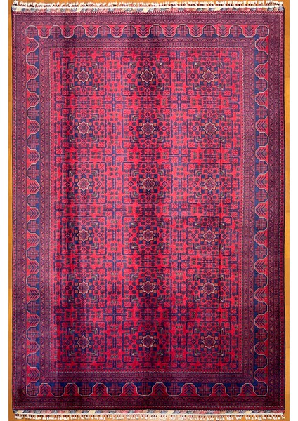 El Dokuma Afgan Halı Yıldız Desenli Bordo Renk 6 Metre Kare