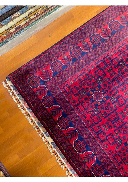 El Dokuma Afgan Halı Yıldız Desenli Bordo Renk 6 Metre Kare