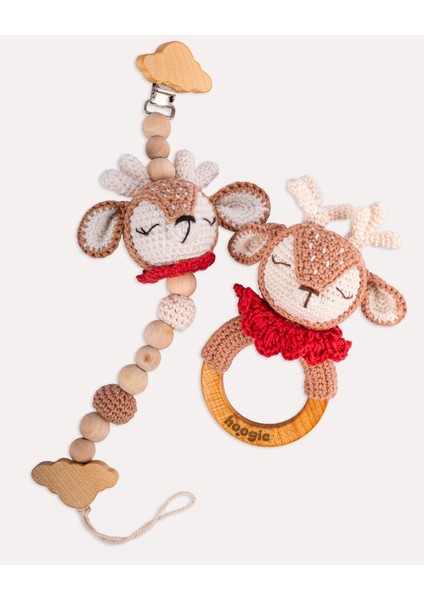 Rudy The Deer Amigurumi Doğal Ahşap ve Organik Pamuk Oyuncak & Çıngırak Seti