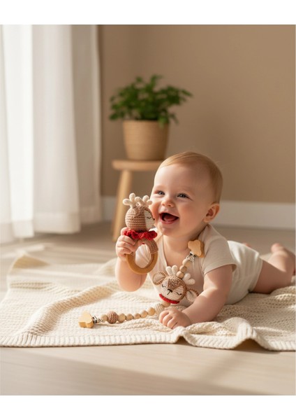 Rudy The Deer Amigurumi Doğal Ahşap ve Organik Pamuk Oyuncak & Çıngırak Seti indirimleri