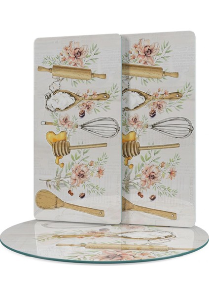 Cam Sunum Servis Tabağı 3'lü Yuvarlak Set Kitchenware Desenli