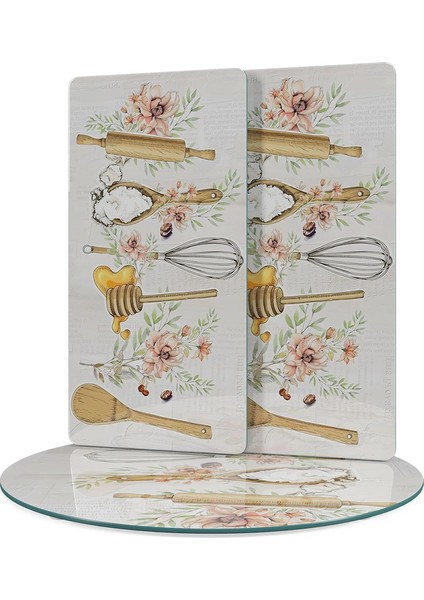 Cam Sunum Servis Tabağı 3'lü Yuvarlak Set Kitchenware Desenli modelleri