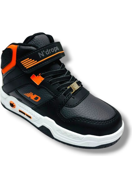 021-26 Deri Cırt Bantlı Çocuk Spor Bot Siyah Oranj 31-35