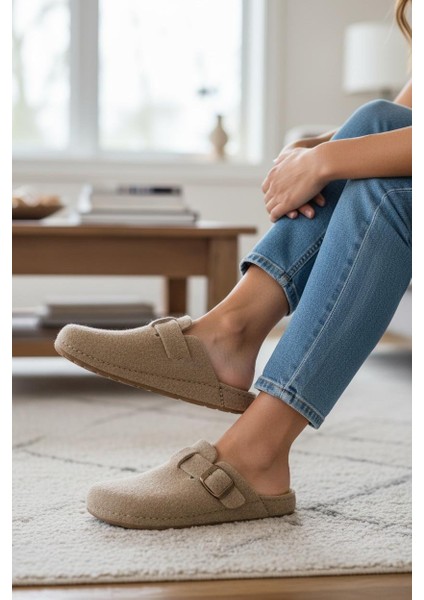 Tam Ortopedik Keçe Kadın Rahat ve Hafif Şık Bej Ev Terliği