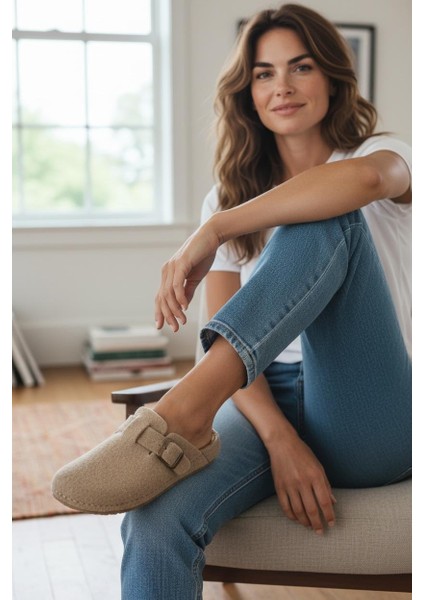 Tam Ortopedik Keçe Kadın Rahat ve Hafif Şık Bej Ev Terliği