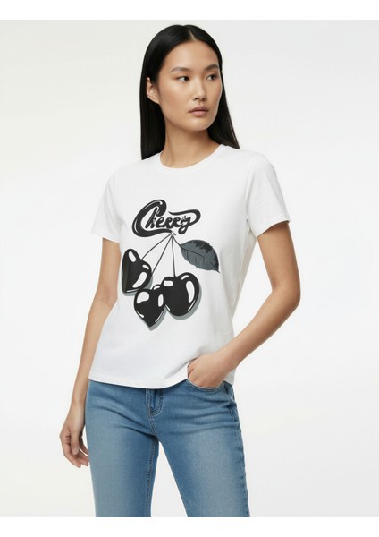 Kısa Kollu Bisiklet Yaka Arkası Kiraz Baskılı Oversize Tişört