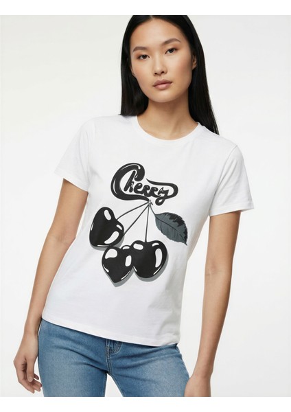 Kısa Kollu Bisiklet Yaka Arkası Kiraz Baskılı Oversize Tişört fiyatları