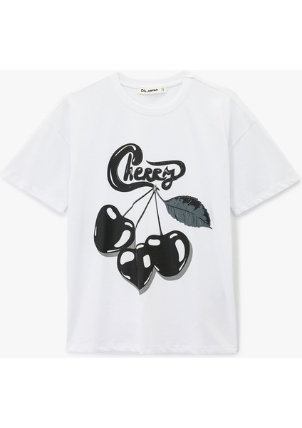 Kısa Kollu Bisiklet Yaka Arkası Kiraz Baskılı Oversize Tişört modelleri