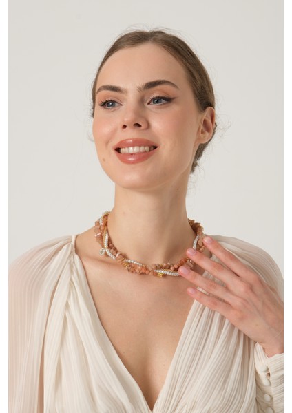 Incili ve Güneş Taşlı Kolye