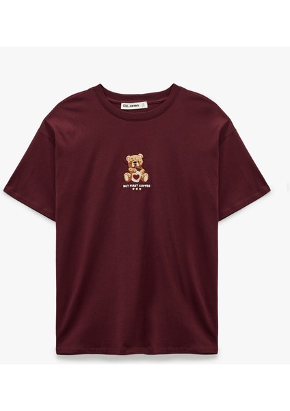 Ayıcık Nakışlı Kısa Kollu Bisiklet Yaka Pamuklu Oversize Tişört