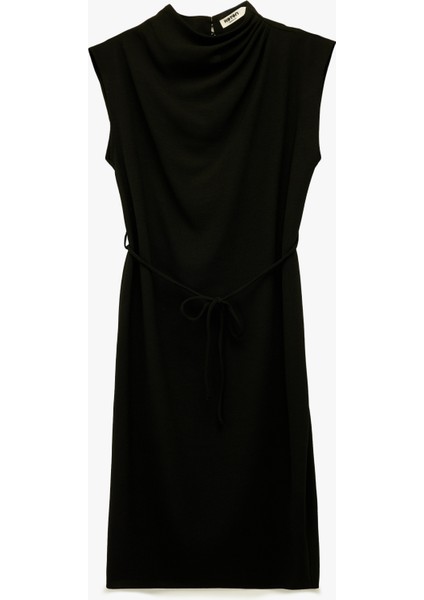 Dik Yaka Kolsuz Midi Drapeli Elbise